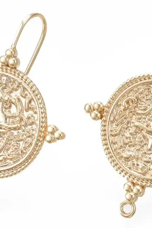 Vente Directe Paire de boucles d'oreilles pendantes avec médaillon - doré à l'or fin 18K