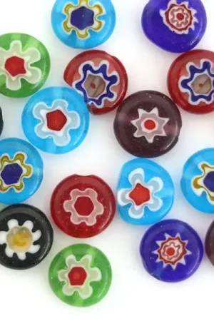 Populaire 20 perles millefiori en verre - rond plat - 10x4 mm