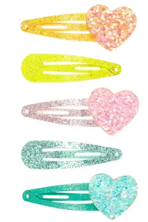 Certifié Lot de 5 Barrettes Héloise - Coeur pailleté - Rose, bleu et orange