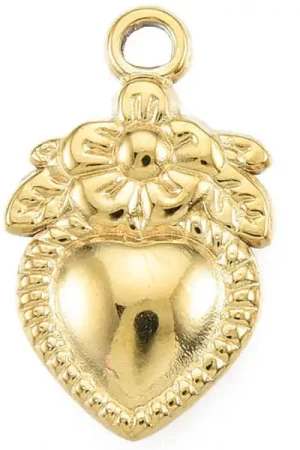 Dernière Chance Pendentif cœur et fleur doré à l'or fin 18K Ex voto - 21 x 13 mm