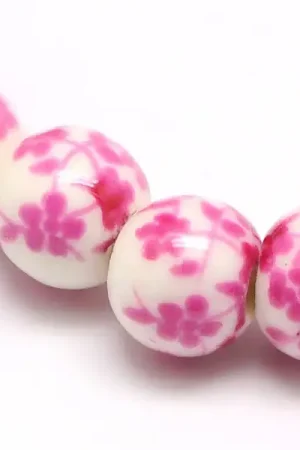 Commande En Gros Lot de 10 perles en porcelaine - fleurs roses - 6 mm