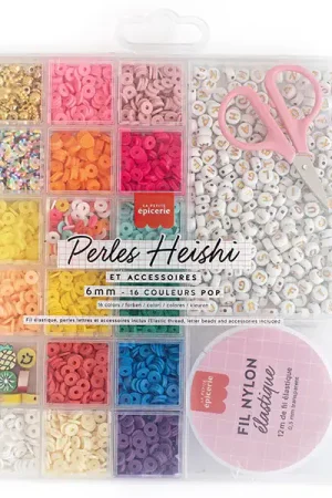 Bon Marché Maxi boite - 16 couleurs de perles heishi POP et accessoires + perles lettres, ciseaux et fil élastique