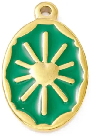 Prix Bas Pendentif émaillé vert - Soleil ovale - 23 x 14 mm - doré et acier inox