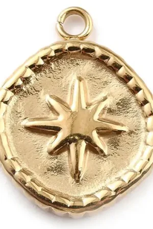 Pendentif rond avec étoile du nord - 17 x 13 mm - doré à l'or fin 24K Offre Spéciale