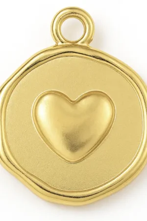 Commander Vite Pendentif rond plat avec cœur en acier inoxydable 304 plaqué or 18K