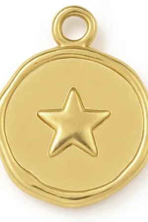 Expédié Aujourd'hui Pendentif rond plat avec étoile en acier inoxydable 304 plaqué or 18K