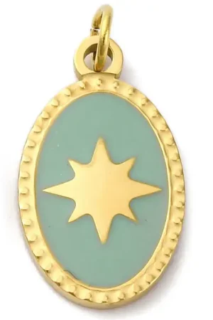 Breloque ovale vert océan avec étoile - doré or fin 18K Réduction