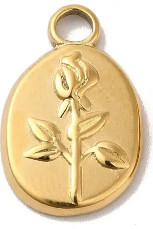 Acheter En Ligne Pendentif ovale en acier inoxydable 304 avec charm fleur – Plaqué or 18K