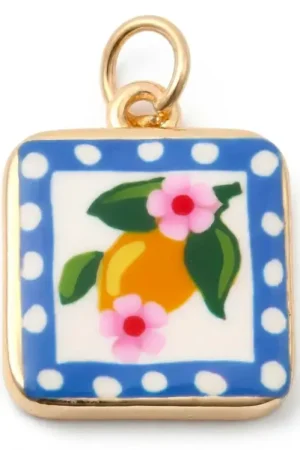 Breloque carrée citron fleuri imprimée - laiton doré Solde