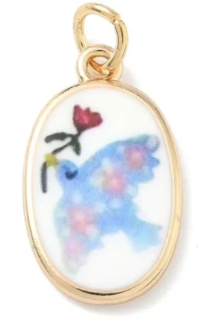 Breloque ovale motif oiseau imprimée - laiton doré Marque