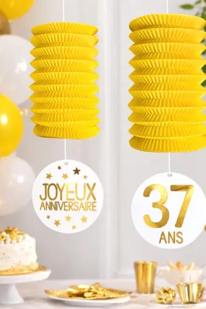 2 Suspensions Lampions anniversaire à personnaliser Jaune Vente Directe