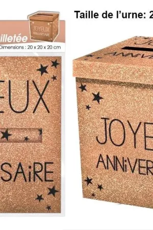 Urne carrée Joyeux anniversaire Rose gold paillette 20 cm Vente Directe