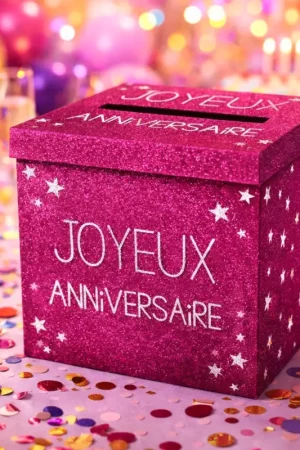 Jusqu'à Épuisement Des Stocks Urne carrée Joyeux anniversaire Fuschia paillette 20 cm