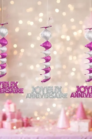 Dernière Chance 3 Suspensions accordéons Joyeux anniversaire Fuschia
