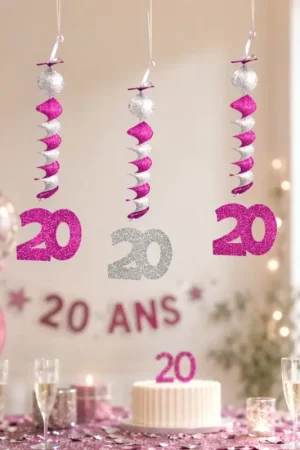 Haute Qualité 3 Suspensions accordéons Anniversaire 20 ans Fuschia
