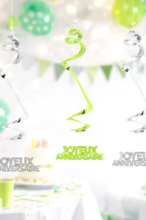 3 guirlandes spirales Joyeux anniversaire Vert anis 60 cm Usine Directe
