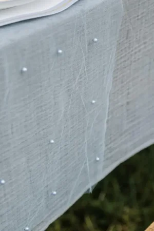 Meilleur Prix Chemin de Table Organza et Perles Bleu 28cmx5m
