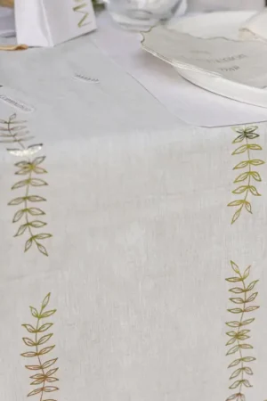 Chemin de Table Tissu Rameaux d'Olivier lin et Or Nouvel Arrivage