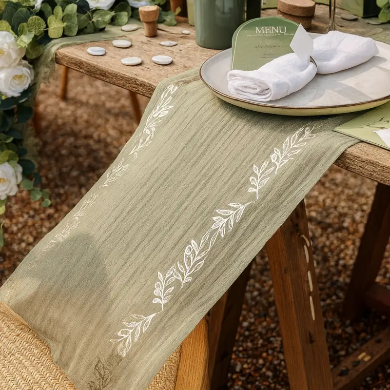Chemin de Table Guirlandes d'Olivier Mousseline Sauge et Or Vente Flash