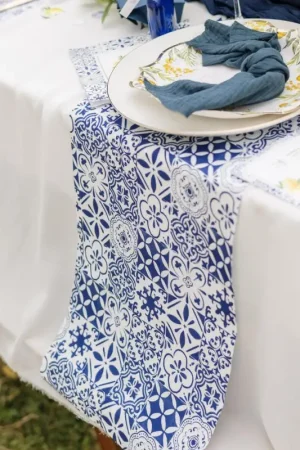 Authentique Chemin de Table Dolce Vita Tissu Bleu Roi et Blanc 28cmx5m