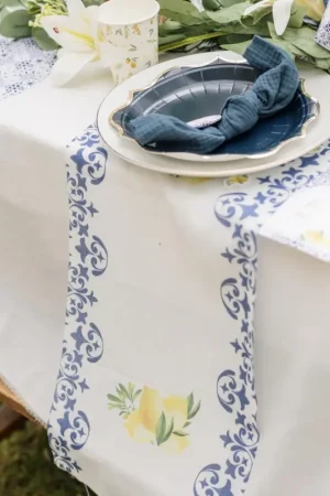 Soldes Chemin de Table Citrons Dolce Vita Mousseline Blanc, Bleu Roi et Jaune