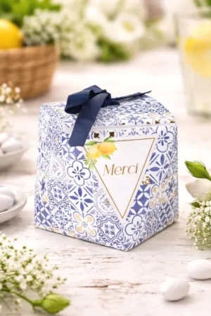 Haute Qualité 10 Contenants dragées carton Merci Dolce vita Bleu roi