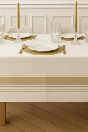 Certifié Nappe en Tissu intissé Rayures Or et Blanc 259cm x 137cm
