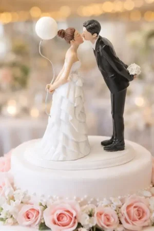 Couple de mariés s'embrassant avec ballon et bouquet en résine Livraison Express