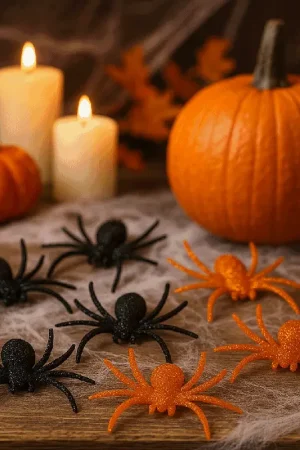 Certifié Lot de 6 Araignées Pailletées Halloween Noir et Orange