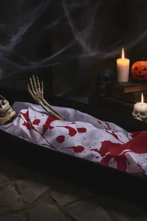Cercueil Halloween avec Faux Squelette Solde