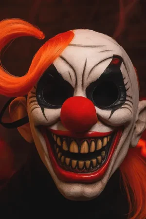 Certifié Demi-masque clown fou avec cheveux longs orange