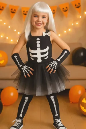 Commande En Gros Déguisement Fille Halloween Tutu Squelette Noir et Blanc 5/7 ans