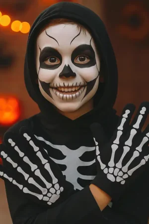 Soldes Gants squelette enfant noirs imprimés Halloween