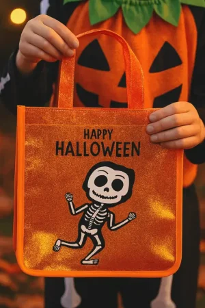 Nouveauté Sac à bonbons Halloween orange pailleté avec squelette
