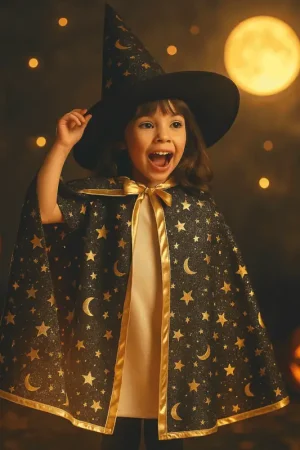 Set chapeau et cape de sorcière noire fille 3-8 ans Halloween Quantité Limitée
