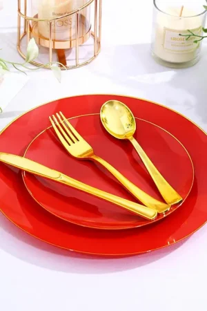 Lot de 16 Assiettes en plastique réutilisables Gourmet Rouge Prix Choc