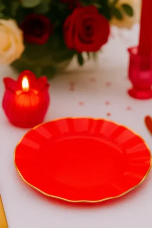 6 Petites Assiettes Réutilisables Plastique Rouge et Or 19cm Nouvelle Collection