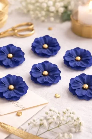 6 Magnolias Tissu Indigo et Perles Or 4,5cm avec Adhésifs Achetez Aujourd'hui