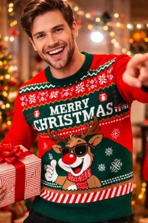 Pull de Noël renne adulte rouge et vert – Taille L/XL – Spécial fêtes de fin d’année Commande En Gros