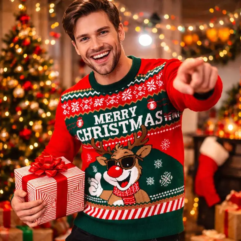 Pull de Noël renne adulte rouge et vert – Taille L/XL – Spécial fêtes de fin d’année Commande En Gros