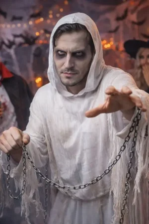 Déguisement Spectre Enchaîné Homme Blanc Halloween – Costume Fantôme Adulte S/M Retour Gratuit