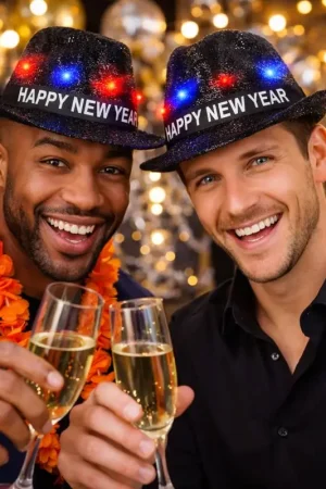 Borsalino Happy New Year LED noir – Chapeau Lumineux adulte avec éclairage Commander Vite