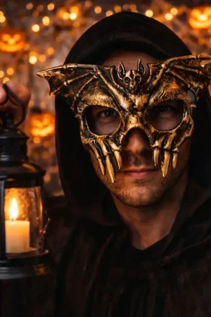 Authentique Masque Halloween loup chauve-souris or et noir – masque festif adulte élégant