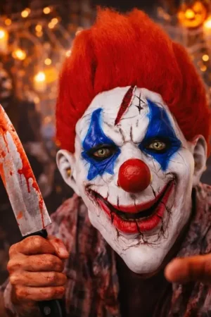 Masque Halloween clown terrifiant adulte en latex – rouge et bleu avec cheveux Commande En Gros