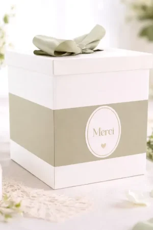 Urne "Merci" Baptême Carton Vert de Gris, Blanc et Or 21x25x21cm avec Ruban Satin Vert de Gris Prix Choc