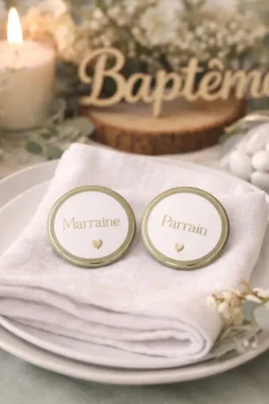 Affaire À Saisir 2 Badges Parrain" et "Marraine Baptême Métal Vert de Gris, Blanc et Or Ø5cm