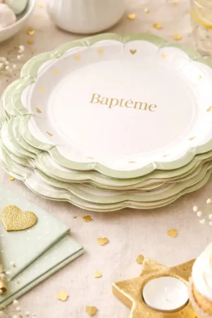 Super Prix 8 Petites Assiettes Baptême Carton Blanc, Vert de Gris et Or Ø18cm