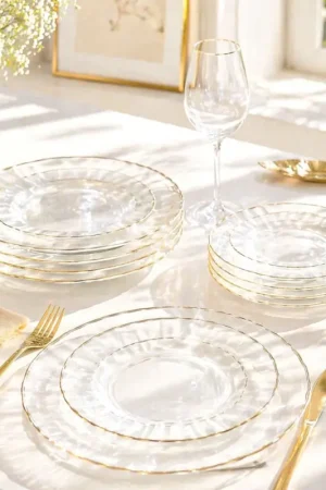 Prix Promo Lot de 12 Assiettes en plastique réutilisables Coquillage Transparent et Or
