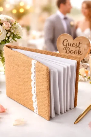 Nouveauté Livre d'or toile de jute avec dentelle blanche