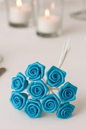 Promotion Mini rose mariage en satin Turquoise x 48pièces